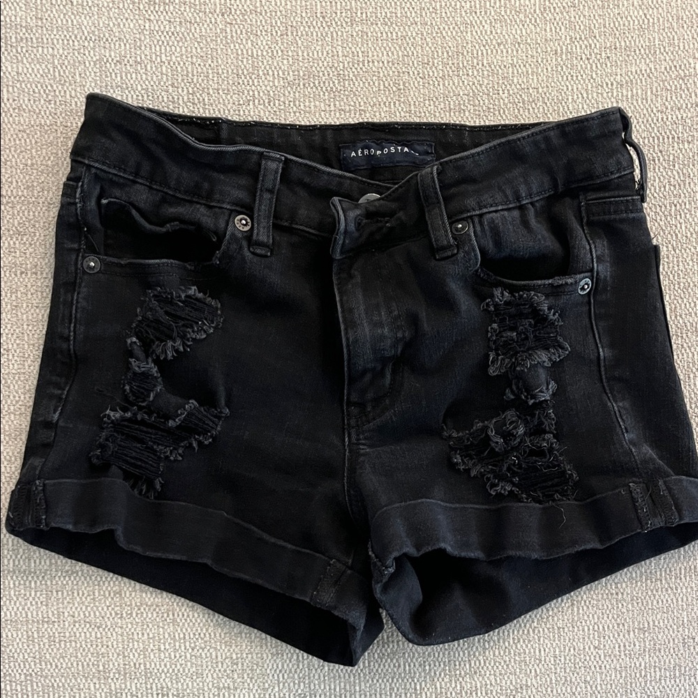 Aeropostale Black Distressed Cuffed Jean Shorts